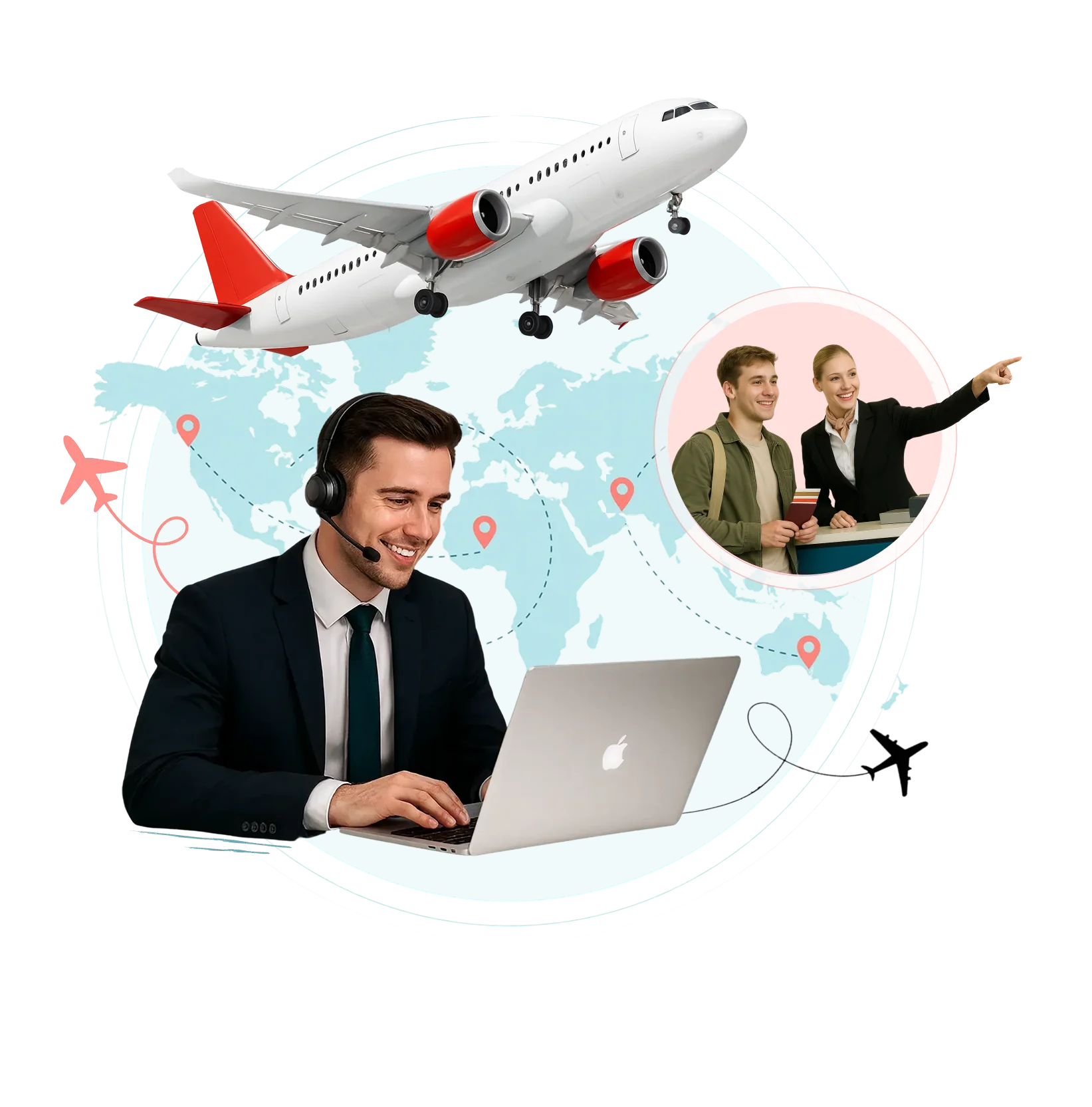Airline customer support software collage featuring an agent on laptop, plane flying over a map, and staff assisting traveler.