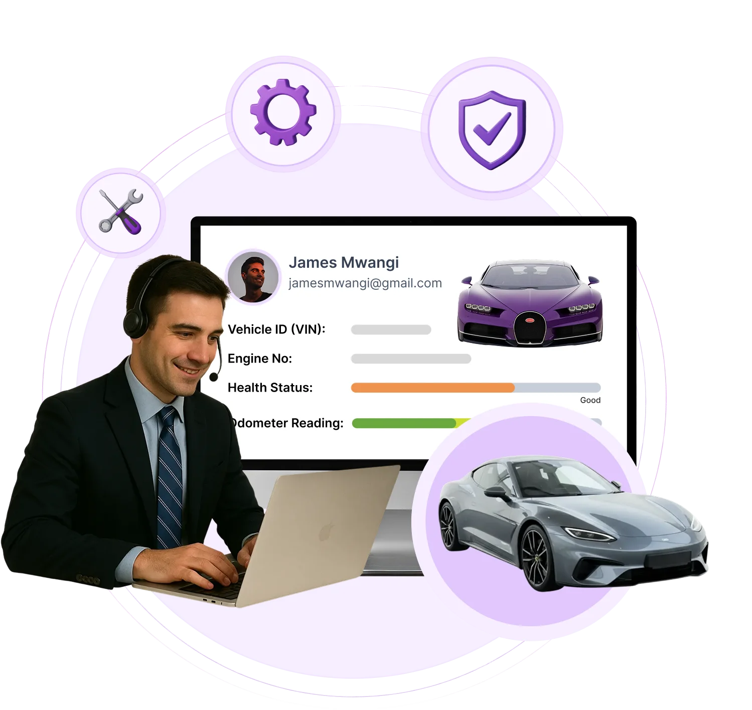 Automotive help desk software dashboard showing vehicle health status, VIN details, and service management.