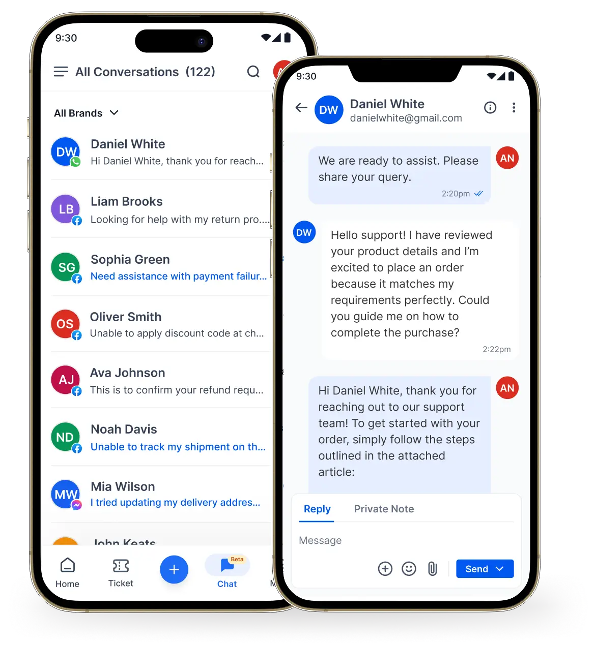 Two smartphone screens showing ecommerce customer service chats, one with conversation list and one with order assistance.