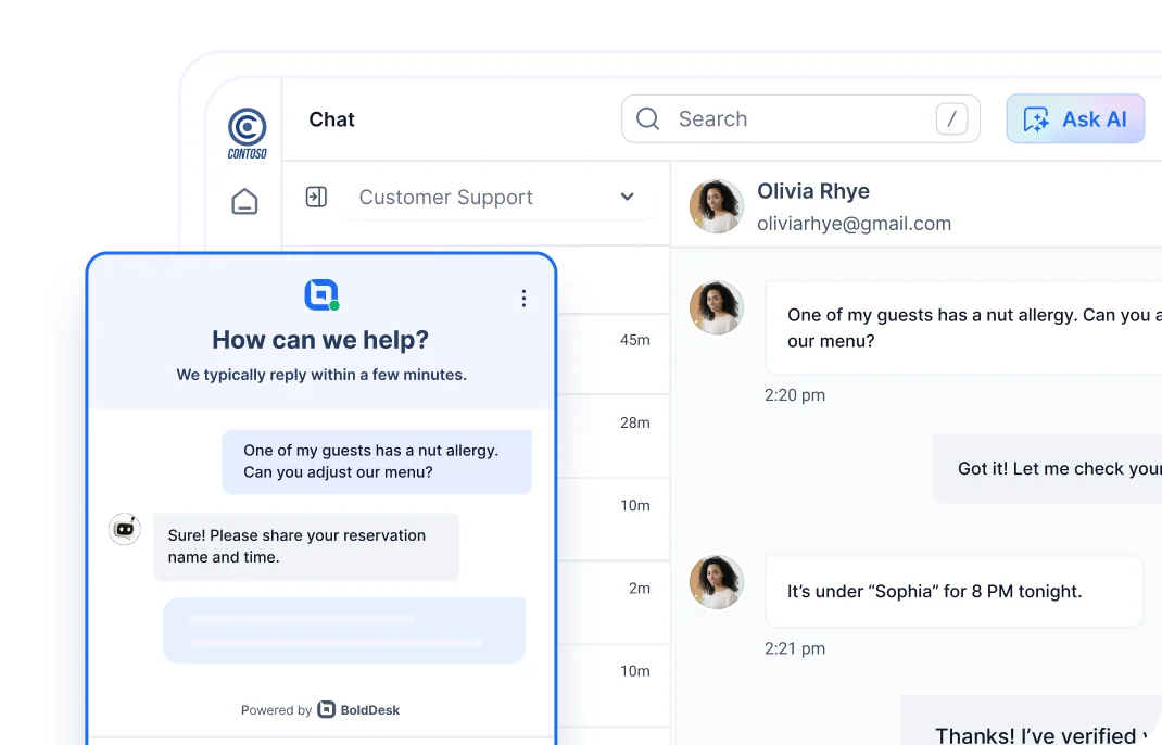 Live chat interface showing customer support conversation for restaurant customer service assistance.