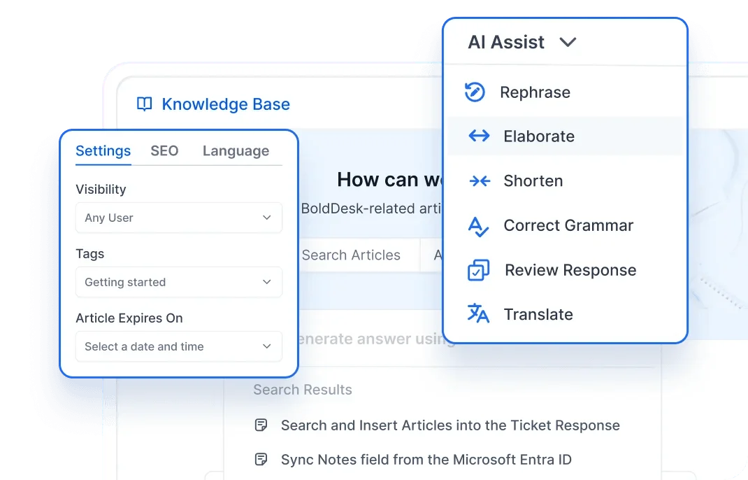 BoldDesk's AI-powered knowledge base with AI search results and recommendations for auto insurance claims FAQs