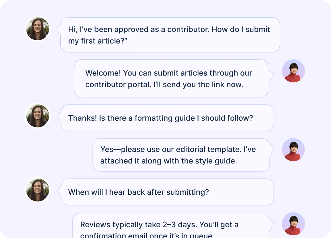 Media helpdesk chat guiding new contributors on article submission, formatting, and review steps.