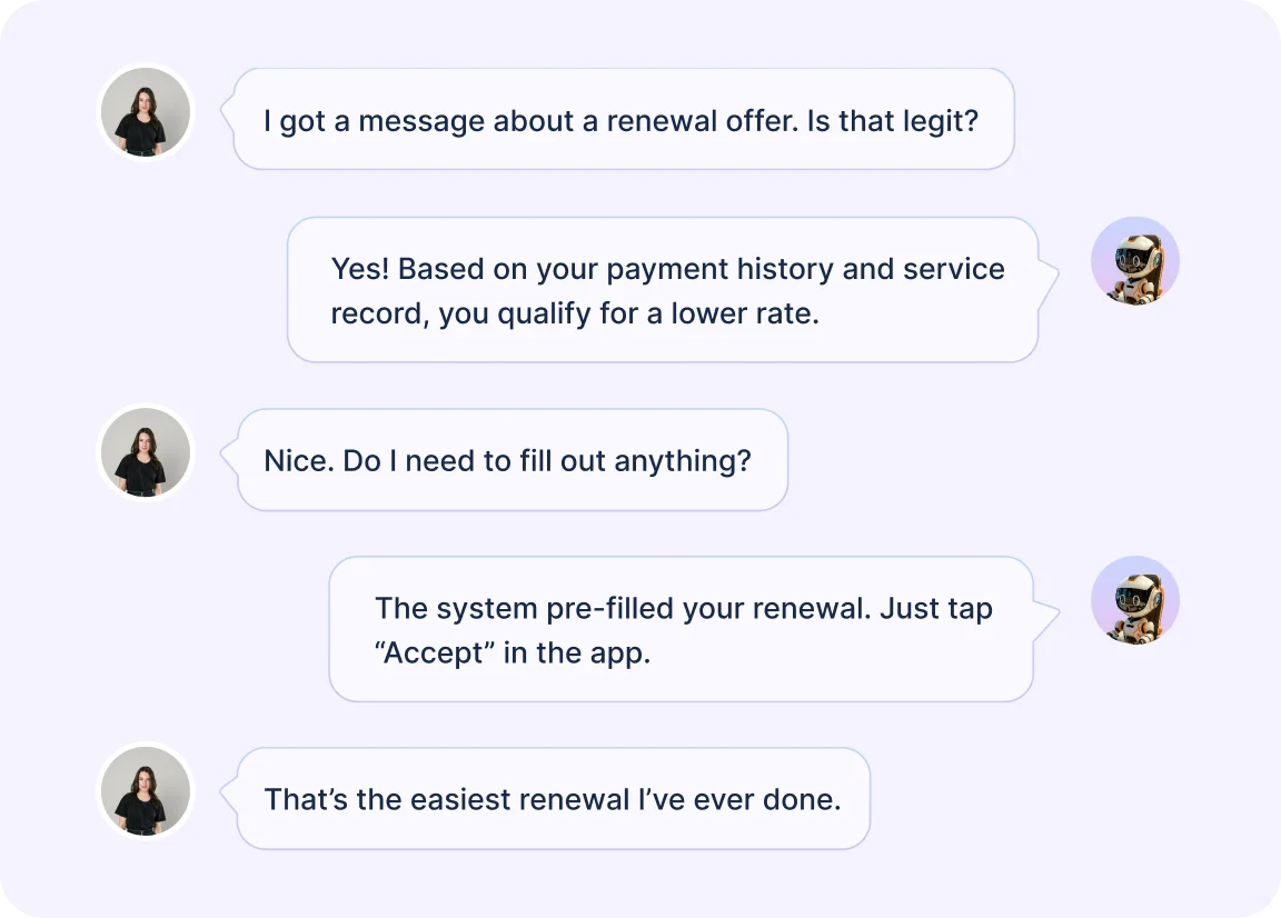 Chat interface explaining renewal eligibility and pre-filled details.
