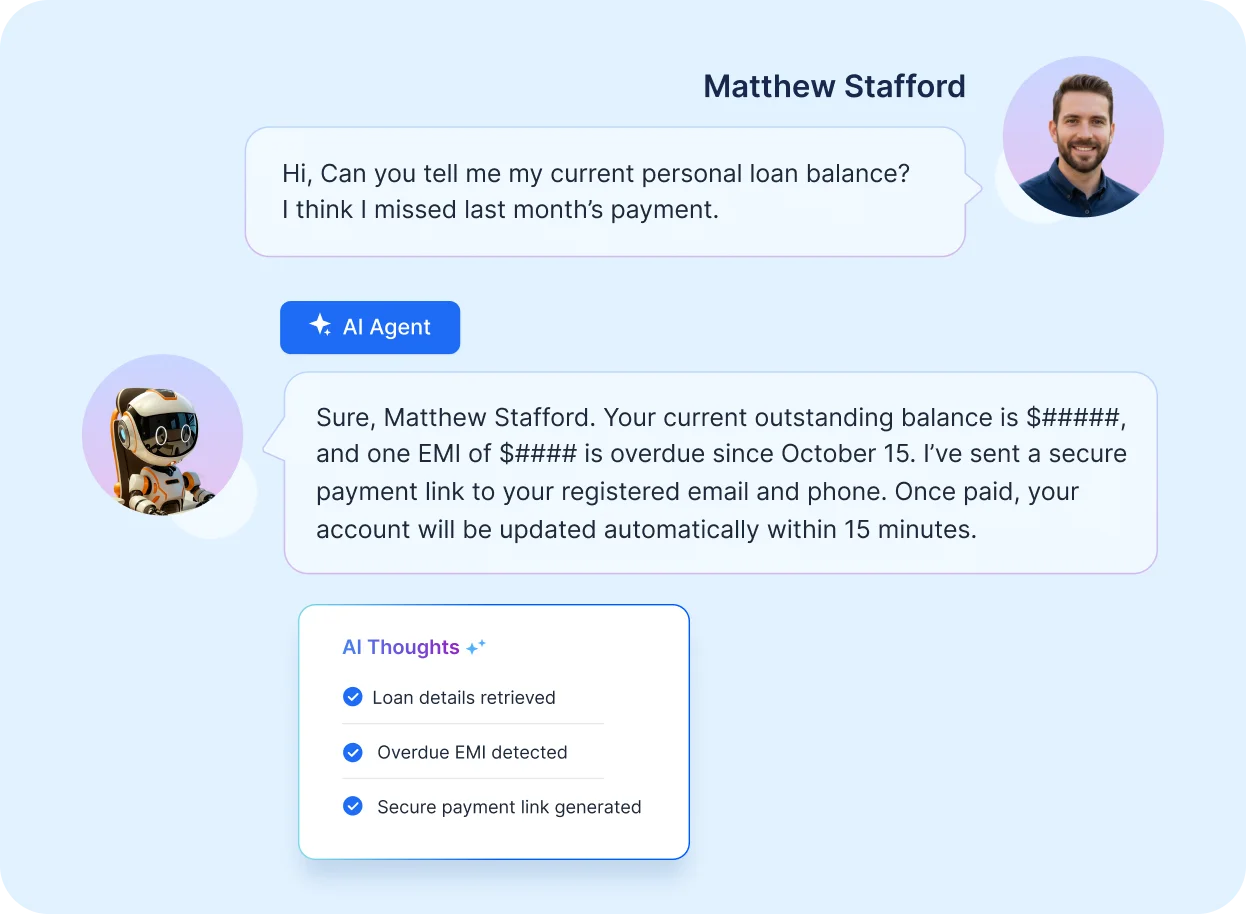 Illustration showing a user asking for their bank balance and an AI agent responding with account details, loan offers, and quick action options.