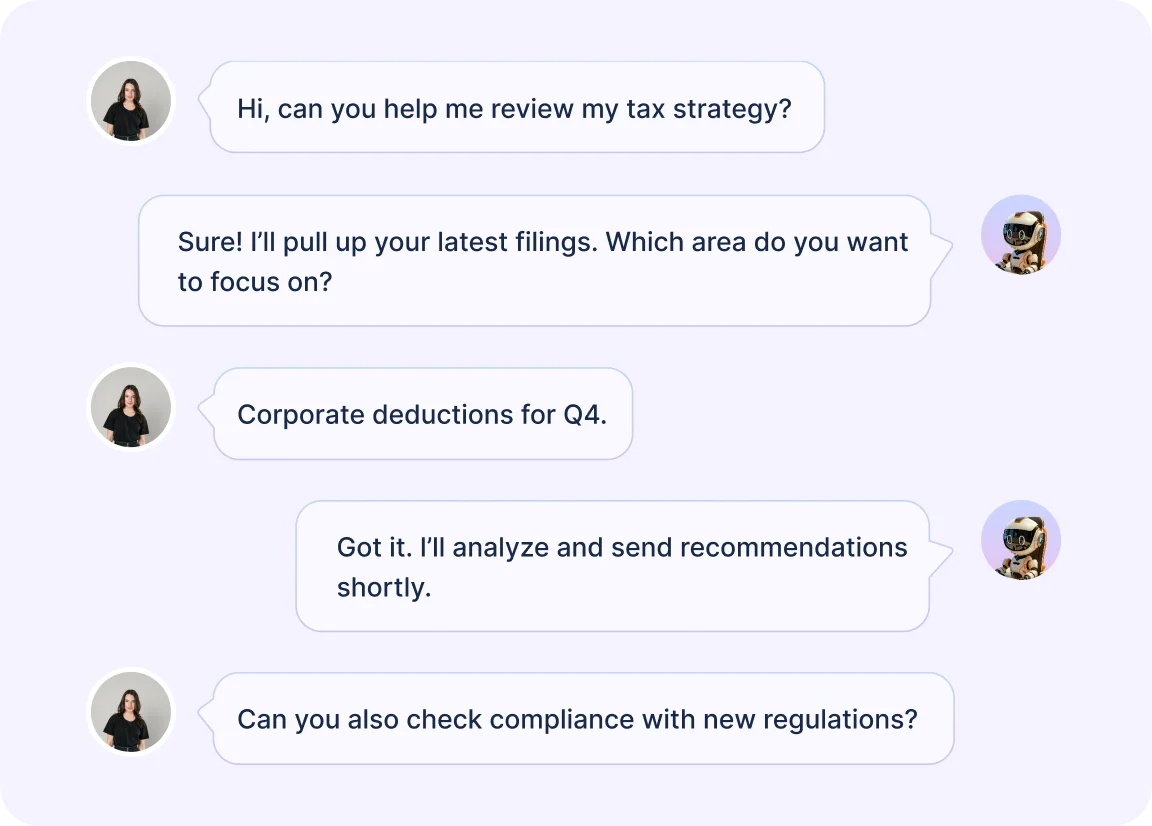 Chat interface discussing tax strategy, corporate deductions, and compliance in accounting help desk software.