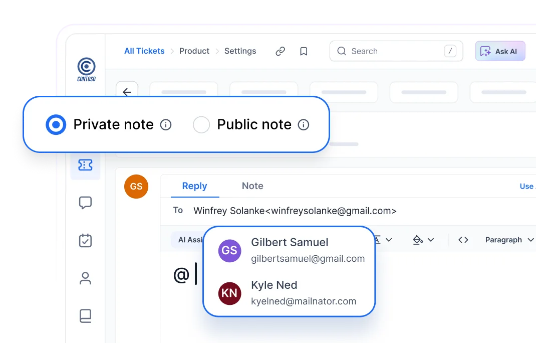 Help desk interface showing options to add private or public notes and tag team members for collaboration.