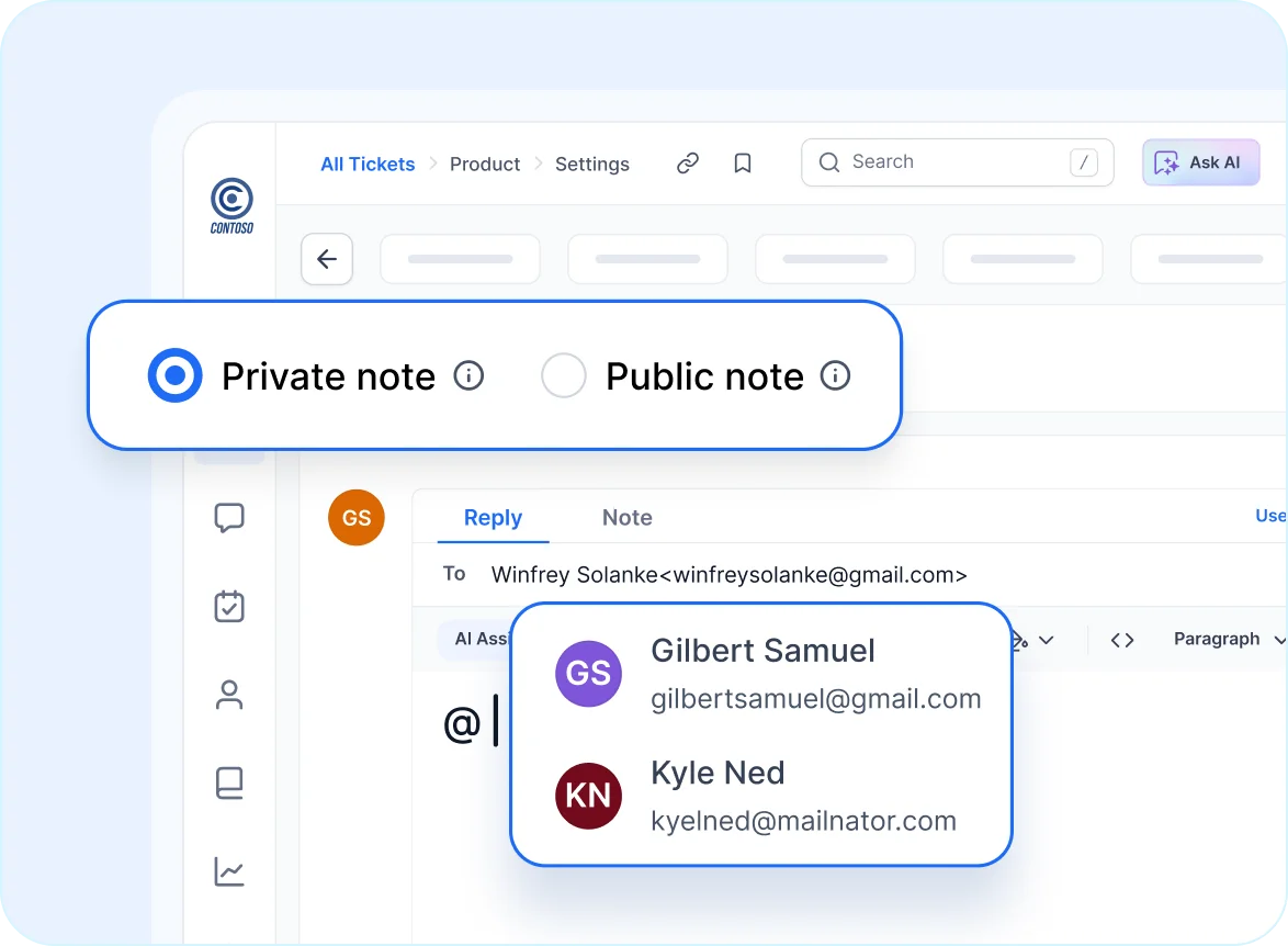 Ticket management interface showing options for private and public notes with user mentions in a help desk system.