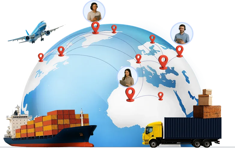 Global logistics software concept with cargo ship, freight truck, airplane, and connected world locations.