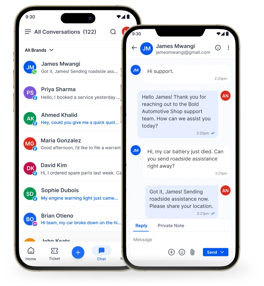 Mobile app interface displaying active customer conversations.