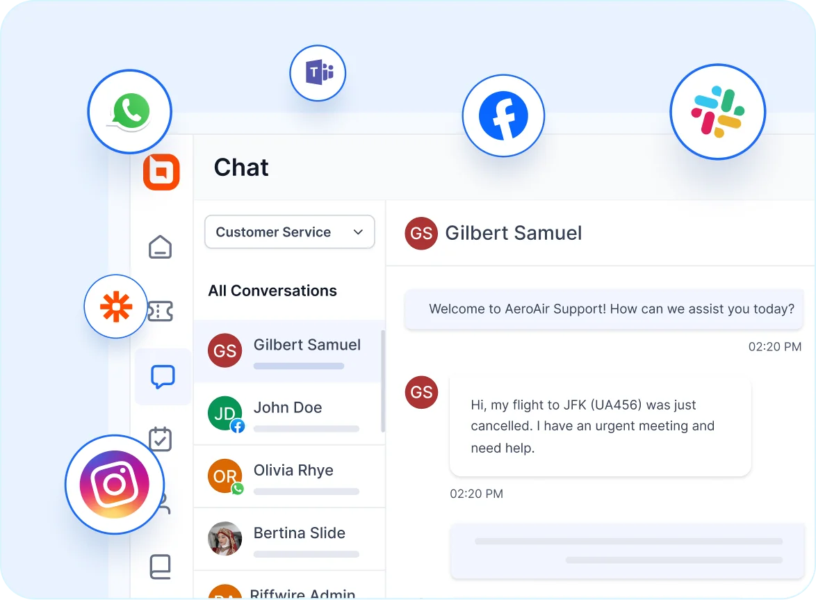 Airline omnichannel inbox surrounded by different communication channels like Slack, Faceebook, displaying a passenger's flight cancellation inquiry.