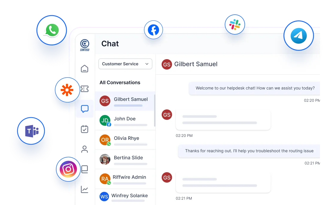 Conversation dashboard showing multiple customer chats from different platforms like WhatsApp, Instagram, Gmail, and Facebook.