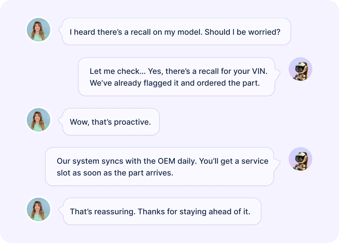 Chat interface discussing vehicle recall and service appointment.