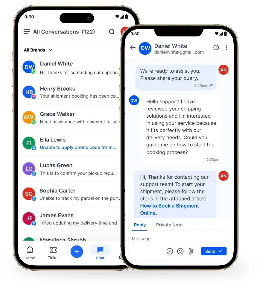 Mobile interface of logistics software showing conversation list and detailed customer support chat with quick actions.