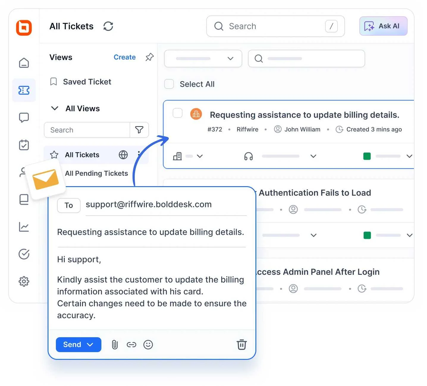 BoldDesk email ticketing dashboard showing automated ticket assignment and SLA tracking.