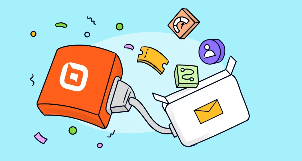 Orange power adapter linked to white envelope with colorful shapes and squiggles symbolizing energy and communication.