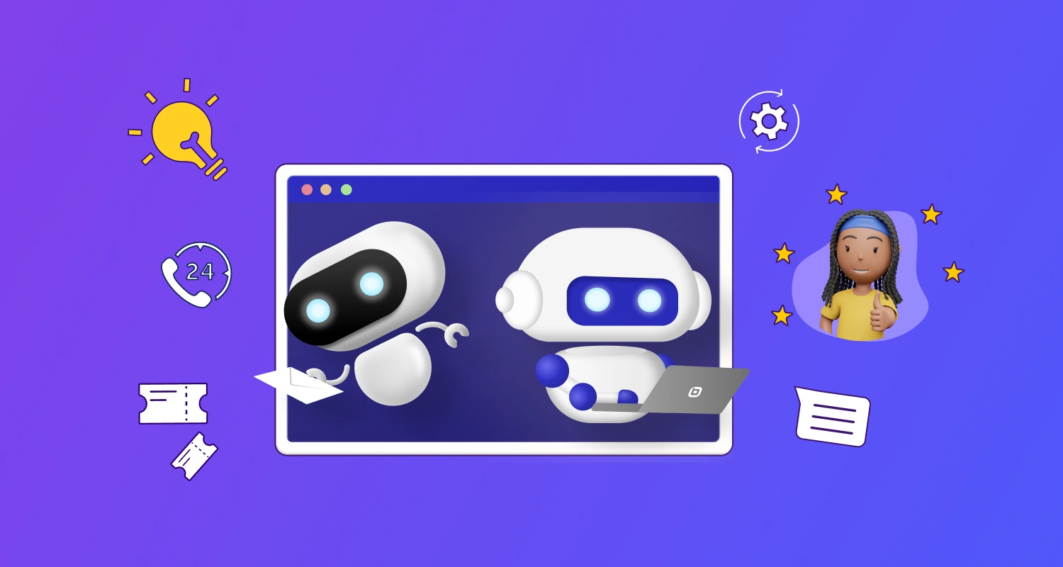 Illustration of two chatbots on a purple background with communication icons and a small character avatar