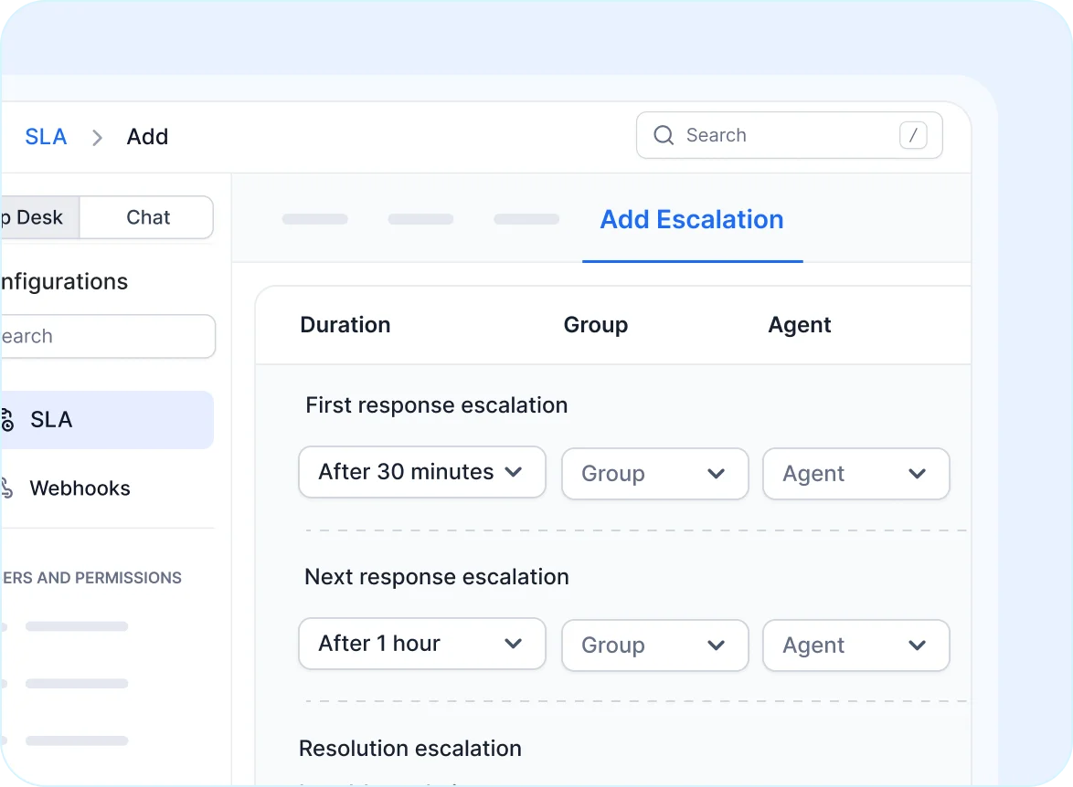Help desk for government software interface showing Add Escalation settings for response time by group and agent.