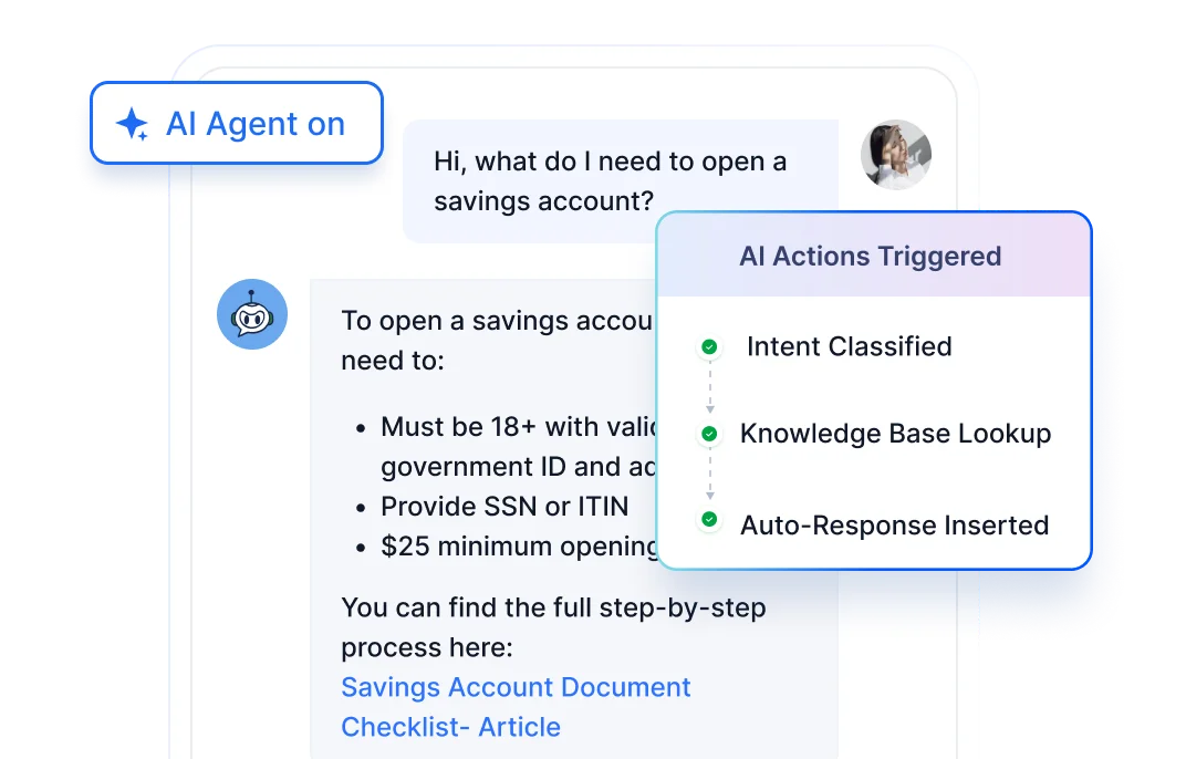 Chat interface showing an AI agent guiding a user on savings account steps inside a secure client portal software environment.