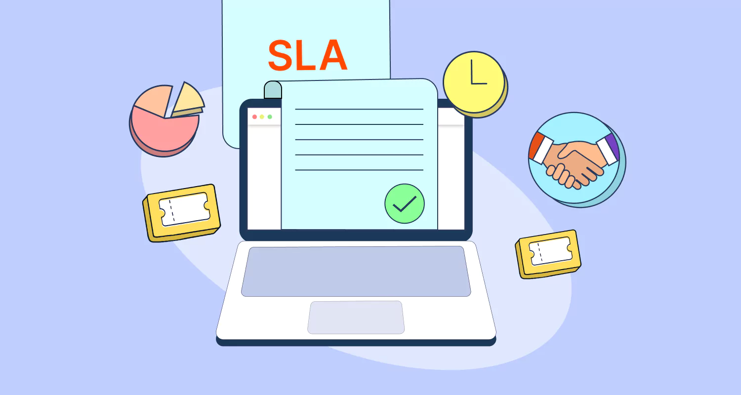 This flat-design illustration depicts the concept of Service Level Agreements (SLAs) featuring a laptop displaying a verified contract surrounded by icons representing time management, analytics, support tickets, and business partnerships.