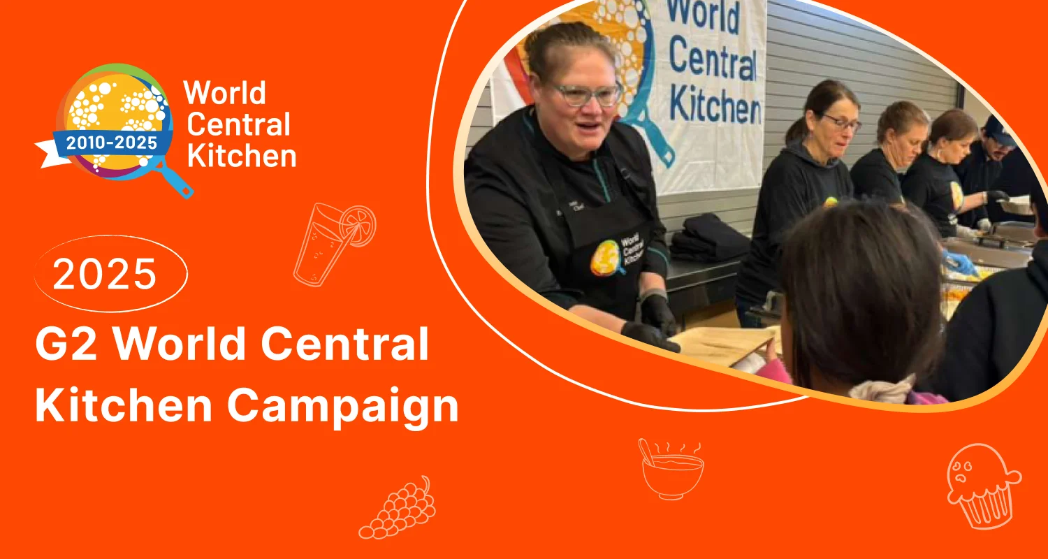 Image showing the 2025 G2 World Central Kitchen Campaign showing volunteers serving food.