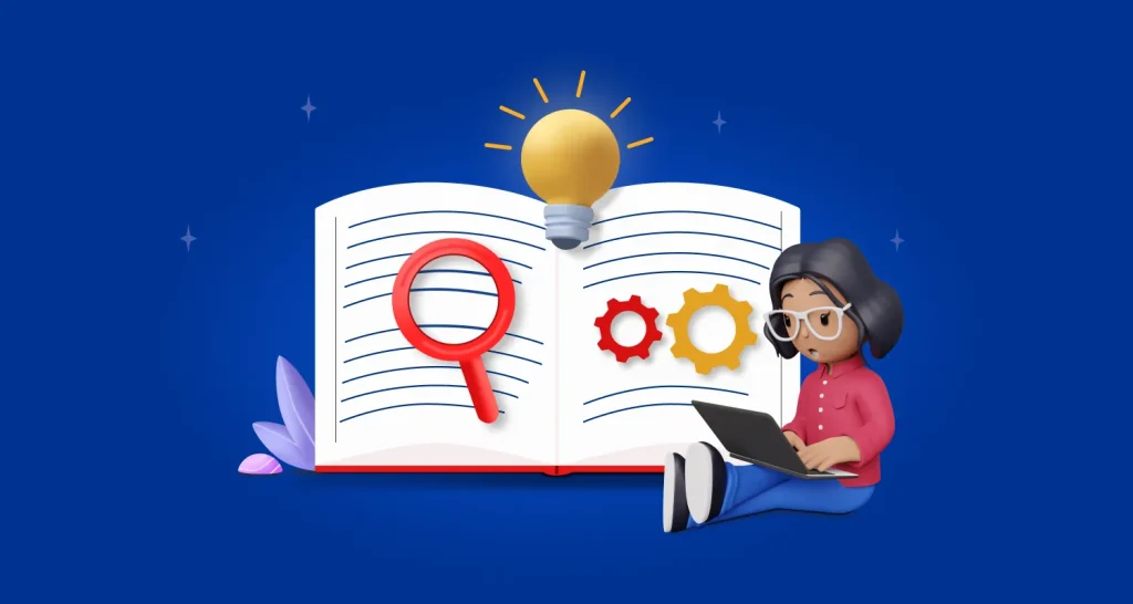 Person with glasses using laptop beside open book, magnifying glass, gears, and glowing bulb, symbolizing creativity.