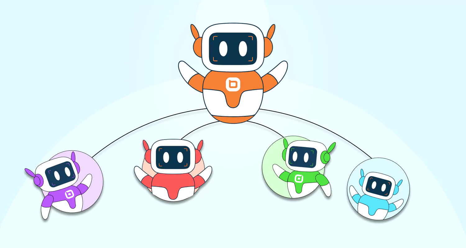 Illustration of orange, red, purple, green, and blue robots forming a collaborative network