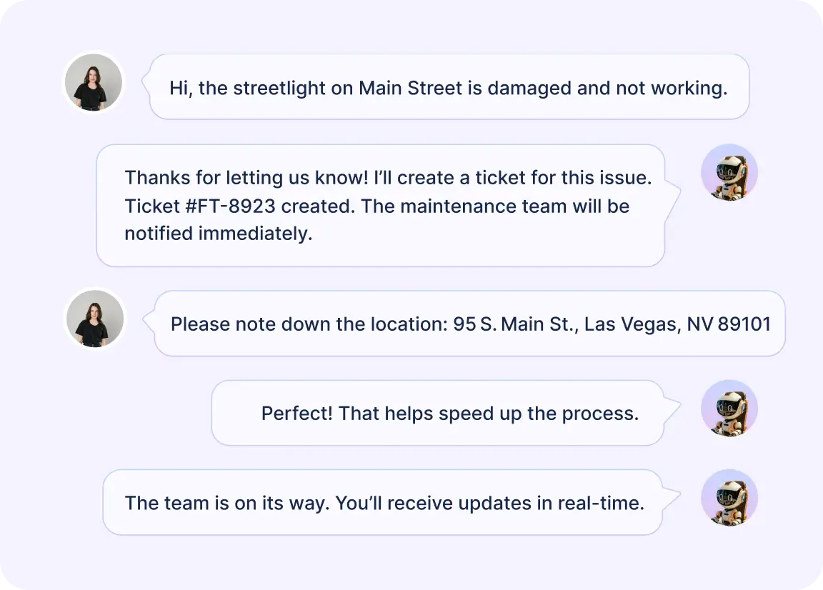 Government help desk chat interface showing user reporting streetlight issue and support confirming ticket and immediate action.