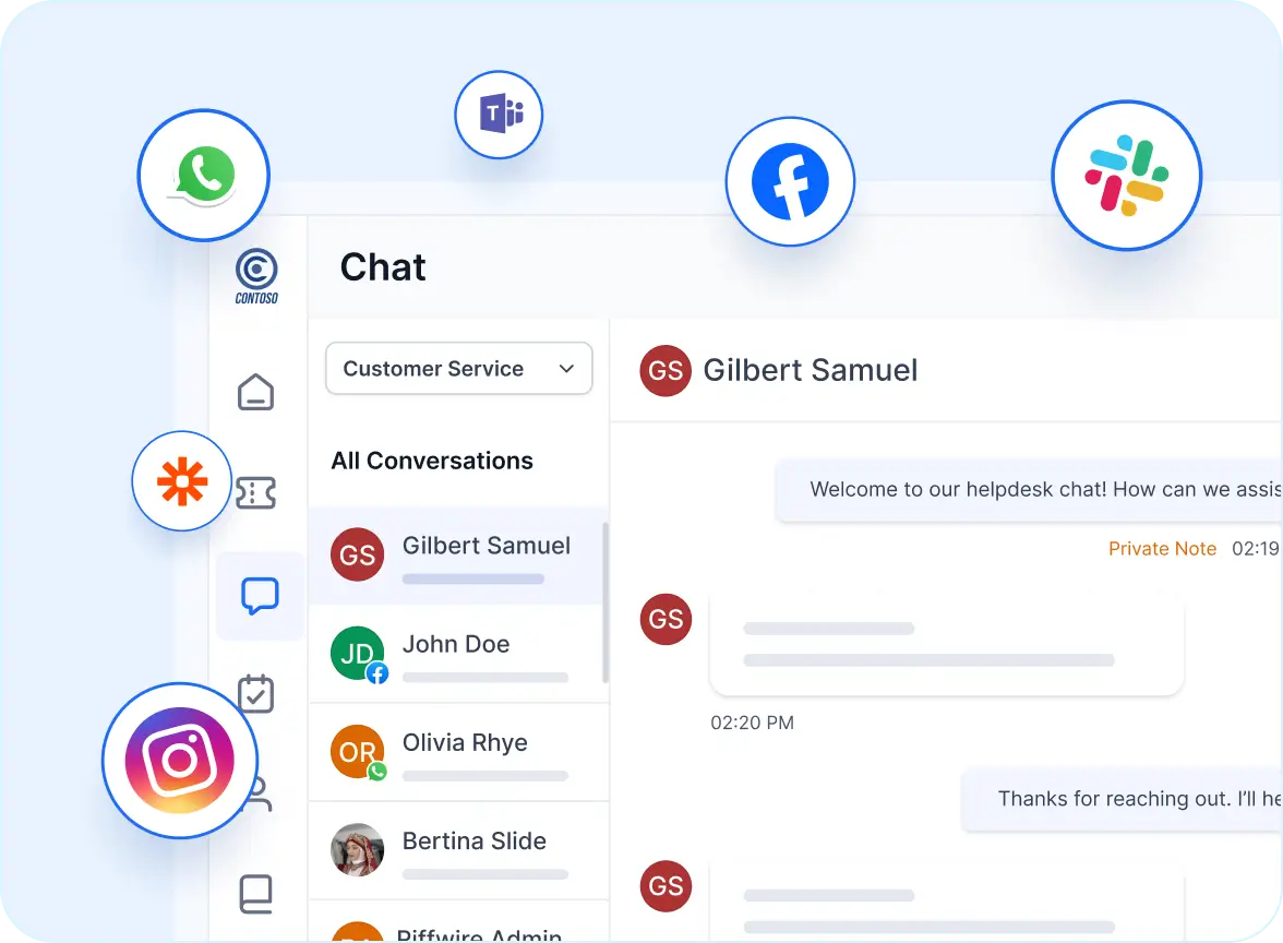 Chat interface displaying customer conversations and app icons, showcasing marketing help desk tools.