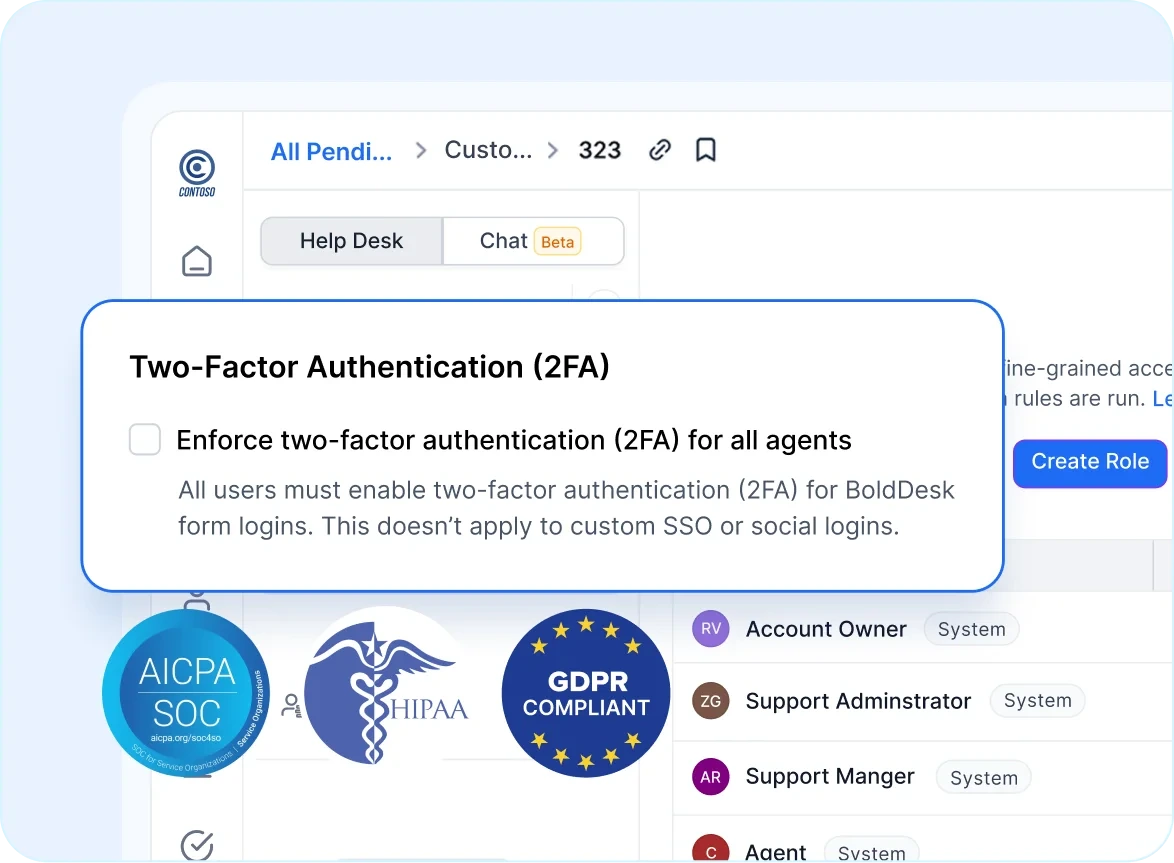 
Pop-up enabling two-factor authentication in BoldDesk with compliance icons for AICPA SOC, HIPAA, and GDPR inside secure client portal software.
