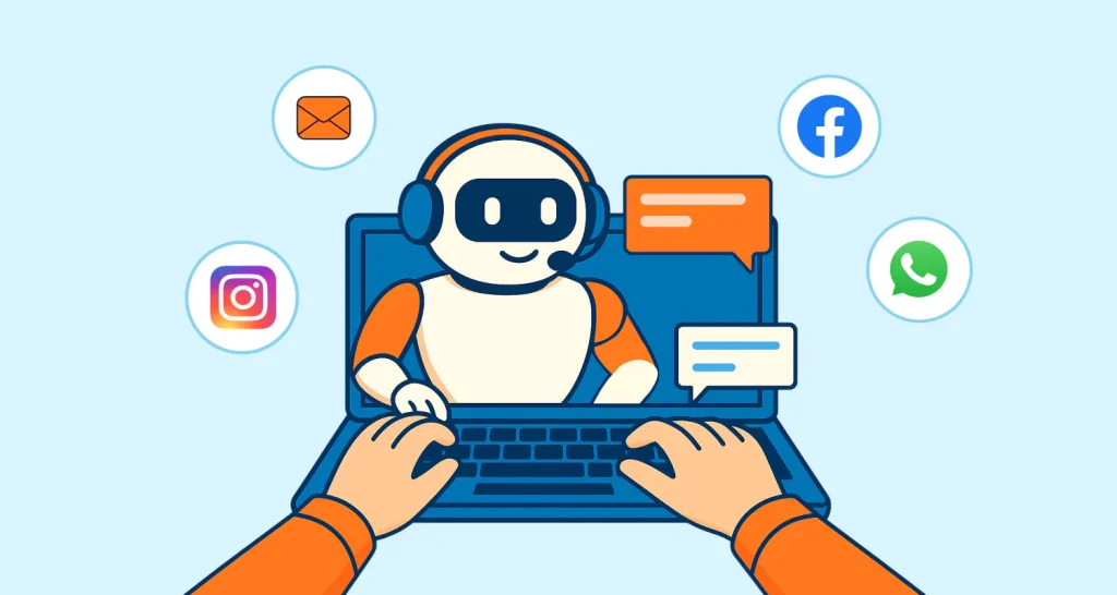 Laptop screen showing a friendly robot with headphones and mic, surrounded by social media icons, as hands type on keyboard