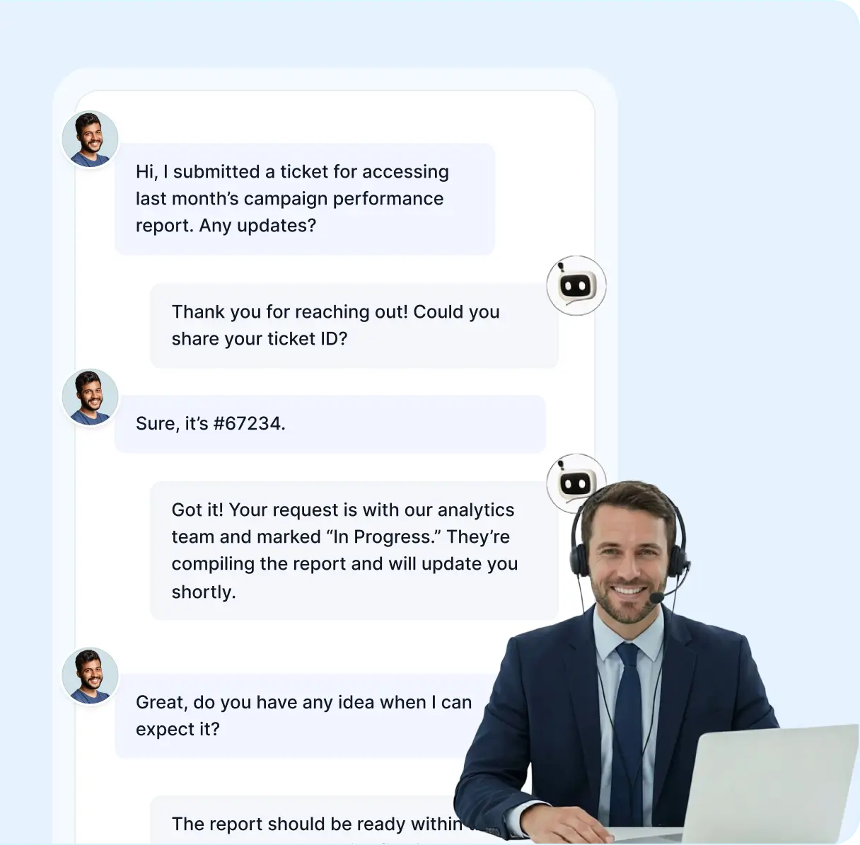 A marketing help desk software chat interface showing AI agent conversation about ticket status updates.