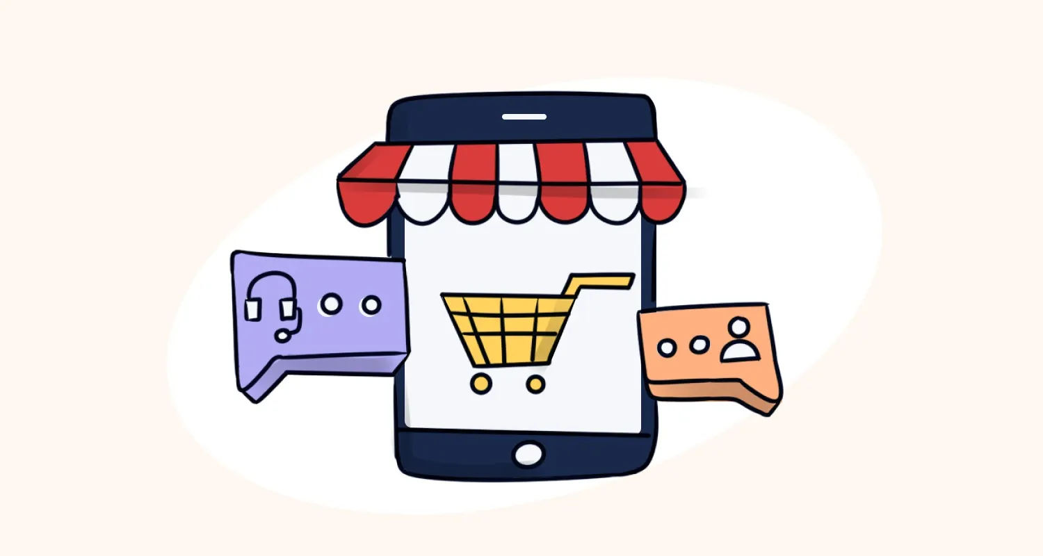 Ecommerce live chat illustration showing online store chat support, customer conversations, and shopping cart assistance.
