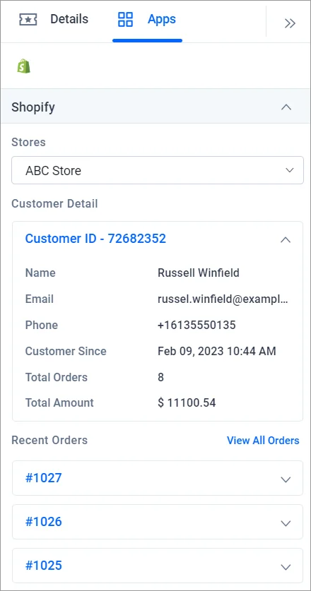 Shopify customer profile showing Russell Winfield’s contact info, order history, and total spend of $11,100.54.