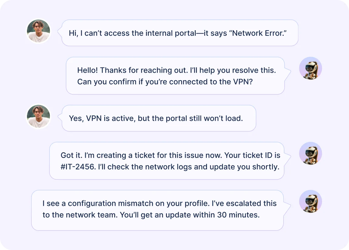 Government help desk chat interface showing user reporting network error and IT escalating issue after VPN check.
