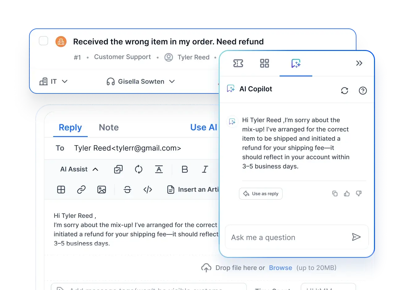 AI-assisted customer support email interface suggesting an apologetic refund message within a responsive client portal software workspace.