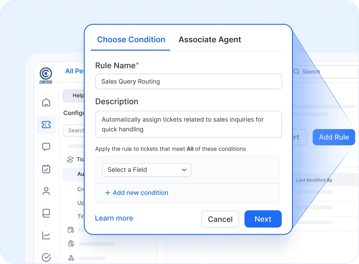 Software interface showing a Choose Condition dialog for automating sales ticket routing within advanced client portal software.