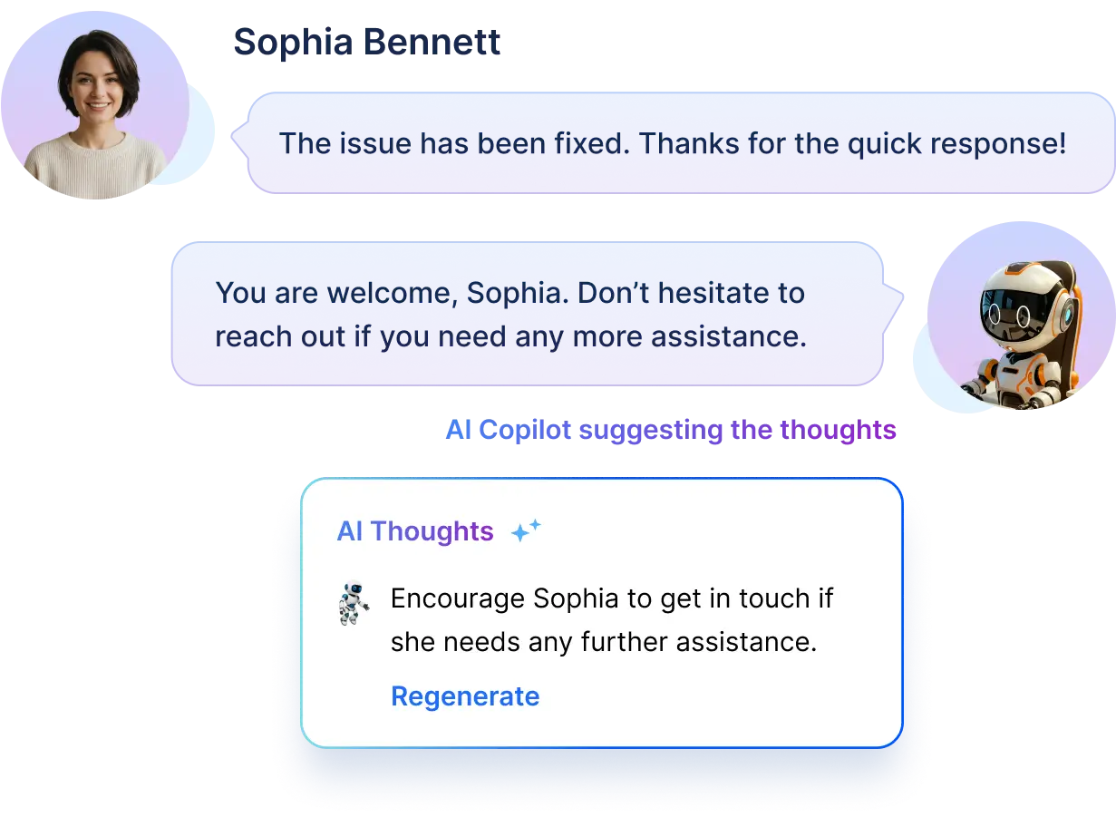 Chat interface in help desk software for marketing industry with AI Copilot resolving issues and suggesting follow-up messages.