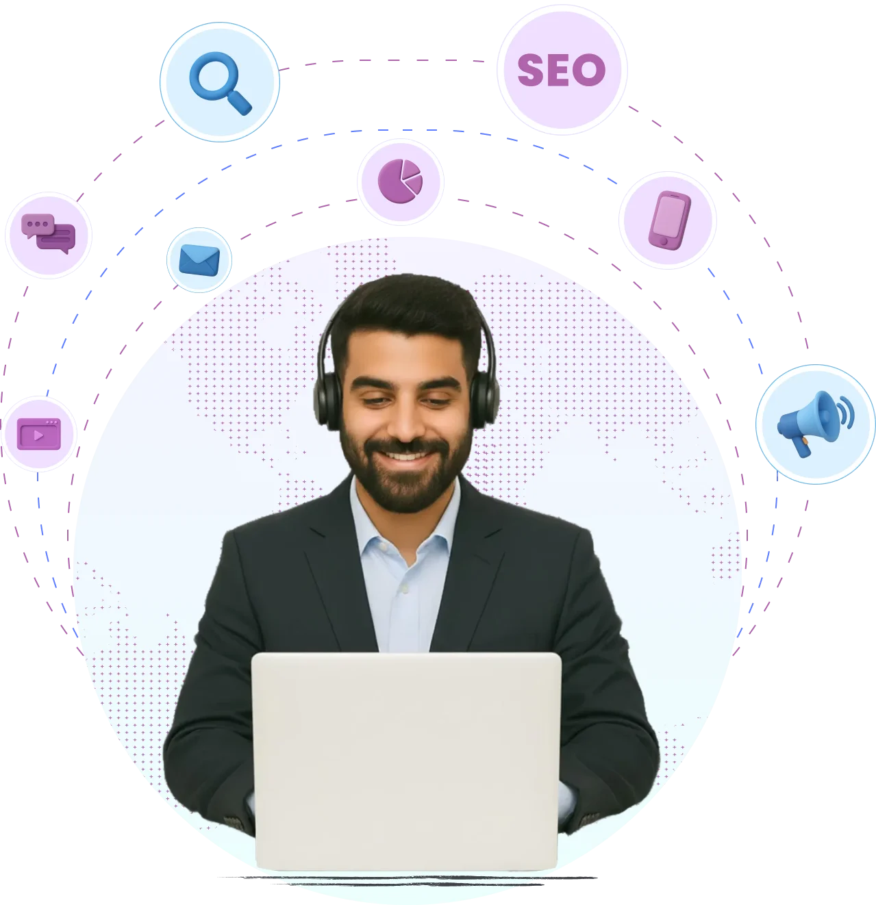 Person working on laptop with SEO and marketing icons, representing marketing help desk software features.