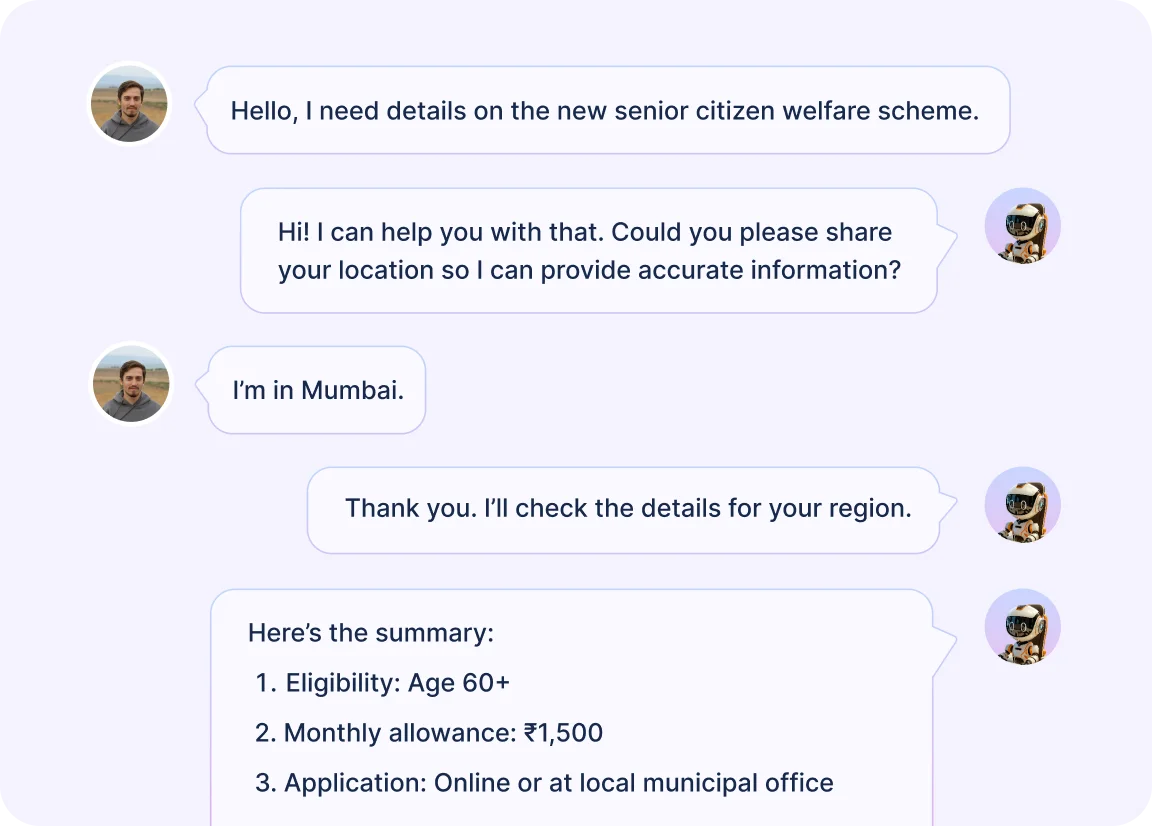 Government help desk chat interface where user asks about senior citizen welfare scheme and bot shares eligibility and benefits.