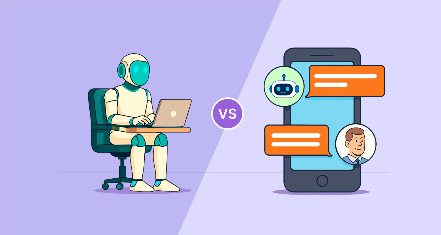 Robot typing on a laptop beside a smartphone with chat bubbles, symbolizing AI communication