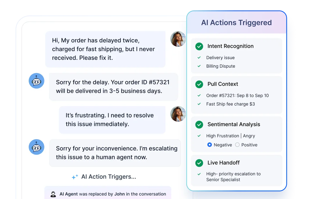 AI chat interface handling a customer complaint about delayed orders and offering resolutions inside modern client portal software.