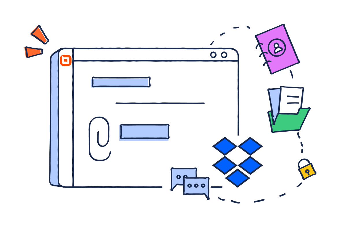 Illustration of a ticketing interface with Dropbox file integration alongside folder, chat and security main icons.