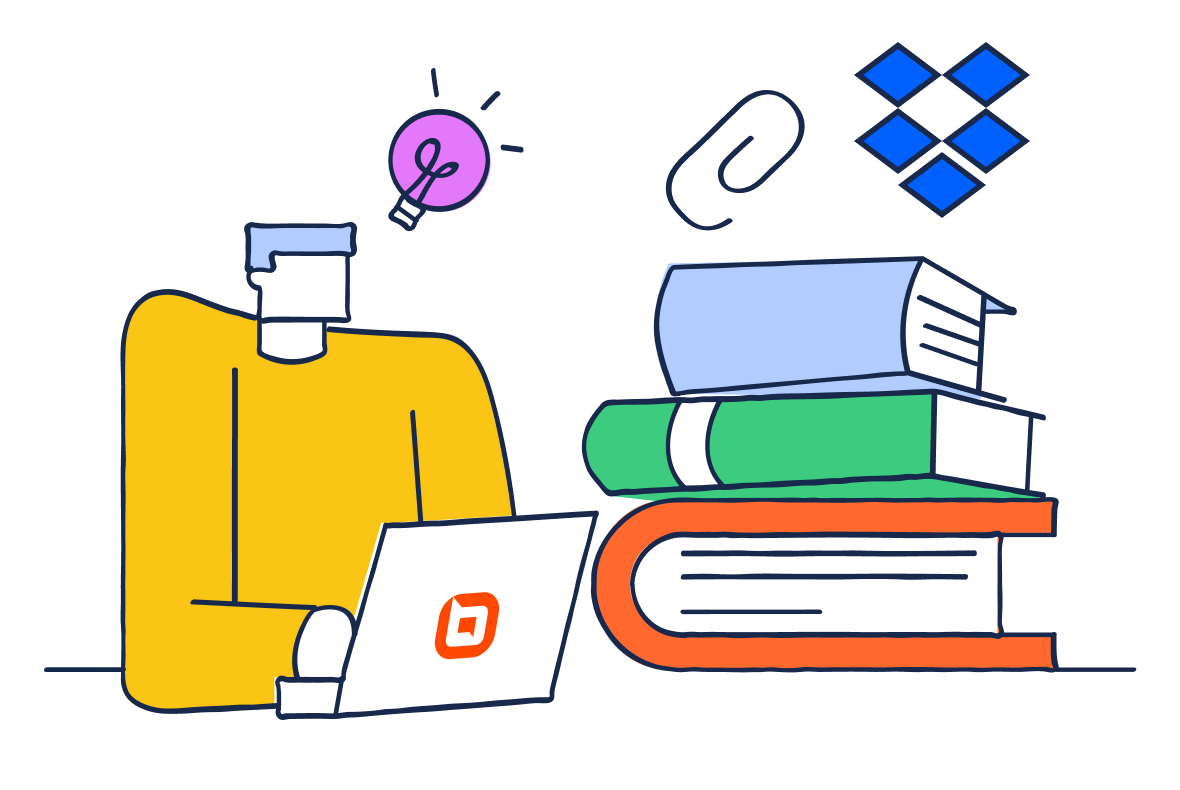 Person working on a laptop beside stacked books, with icons for ideas, attachments, and Dropbox indicating organized learning.