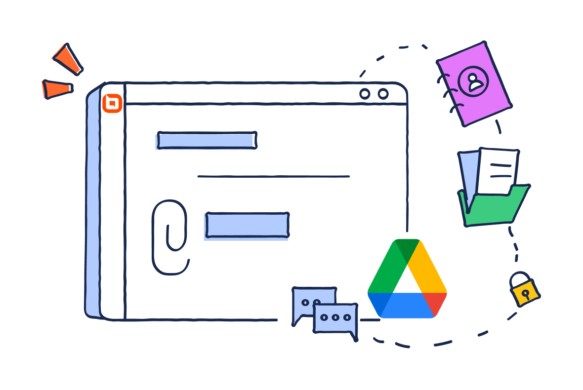 Illustration of a BoldDesk interface with Google Drive icon, chat bubbles, user profile, documents and a small lock symbol.