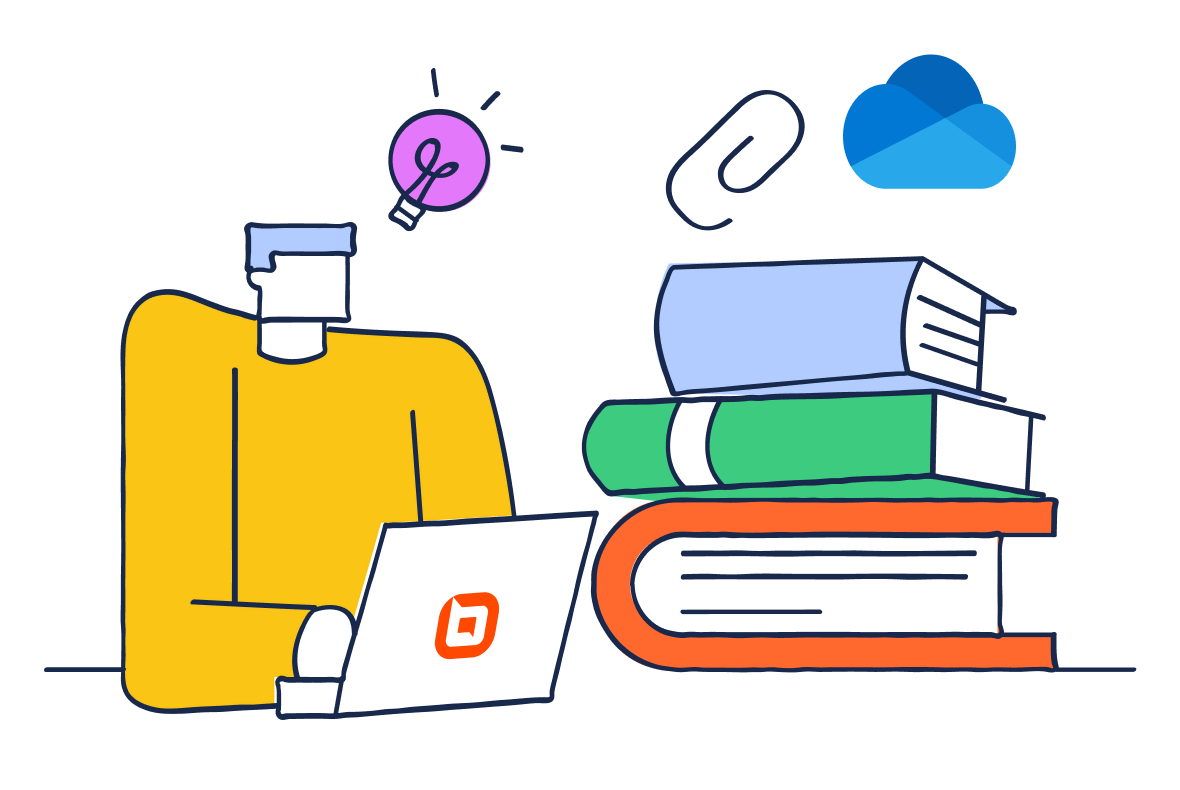 Illustration of a user on a BoldDesk laptop with stacked books and a OneDrive icon symbolizing easy cloud file storage.