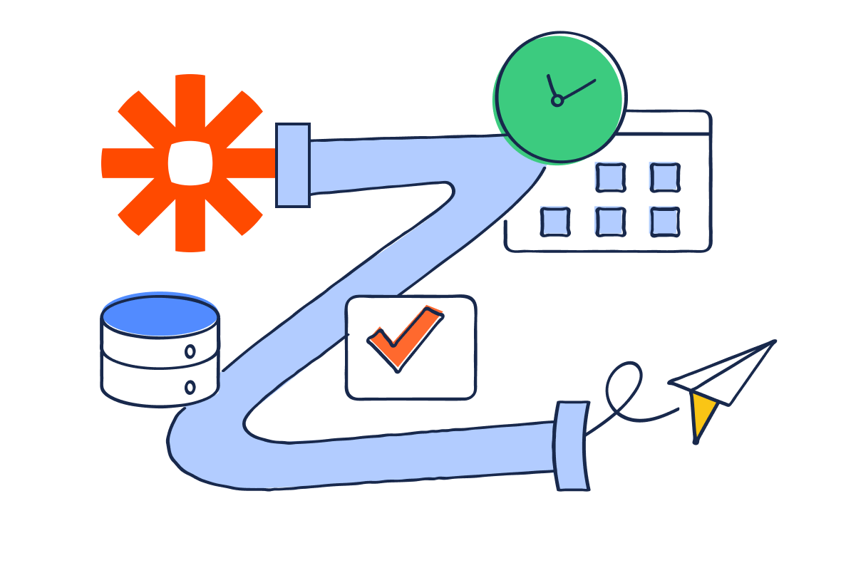 Zapier icon connected through a winding workflow path linking data, calendar, clock, checklist, and paper plane symbols.