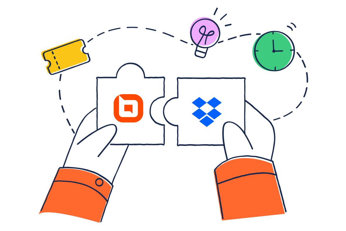 Hands connecting BoldDesk and Dropbox puzzle pieces to illustrate a smooth, unified integration between both platforms.