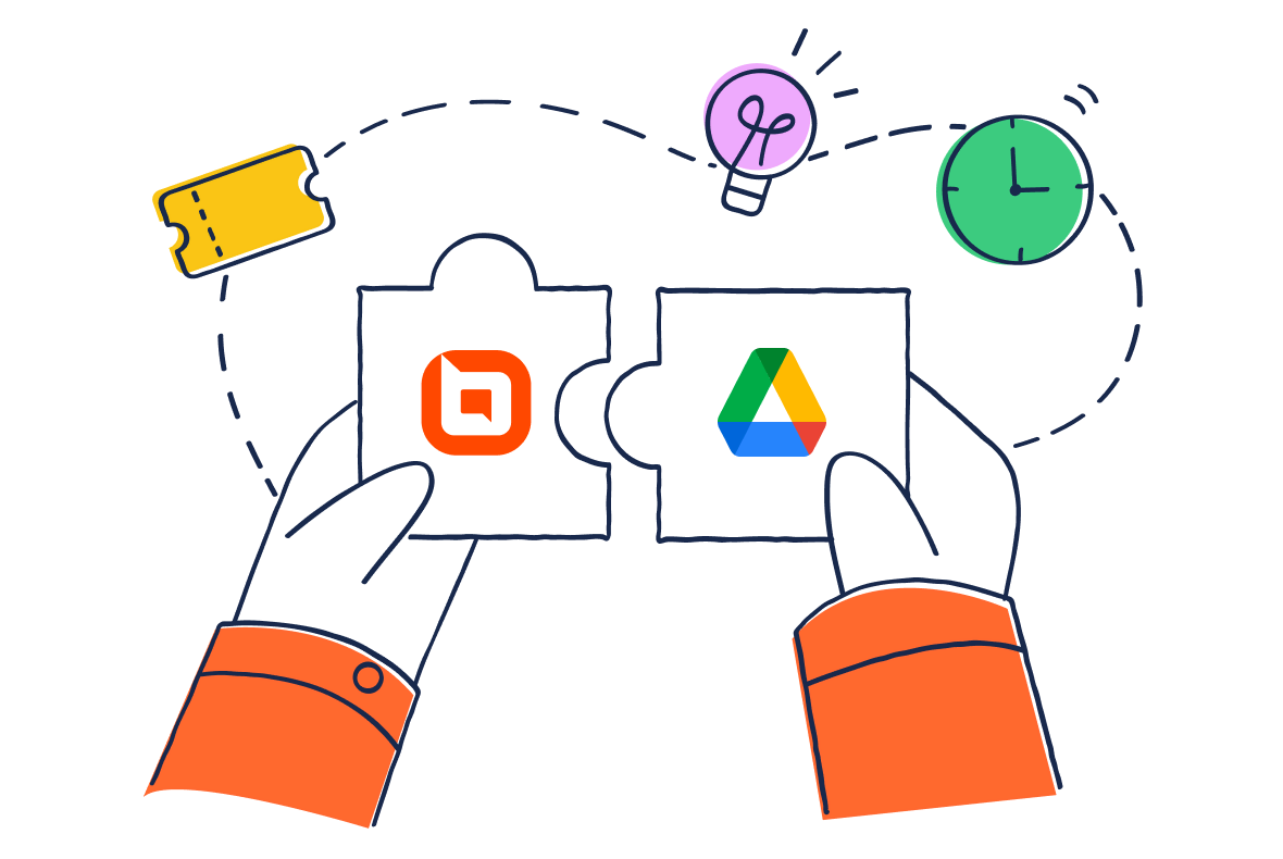 Hands join puzzle pieces with BoldDesk and Google Drive logos surrounded by icons of a ticket, bulb, and clock now!