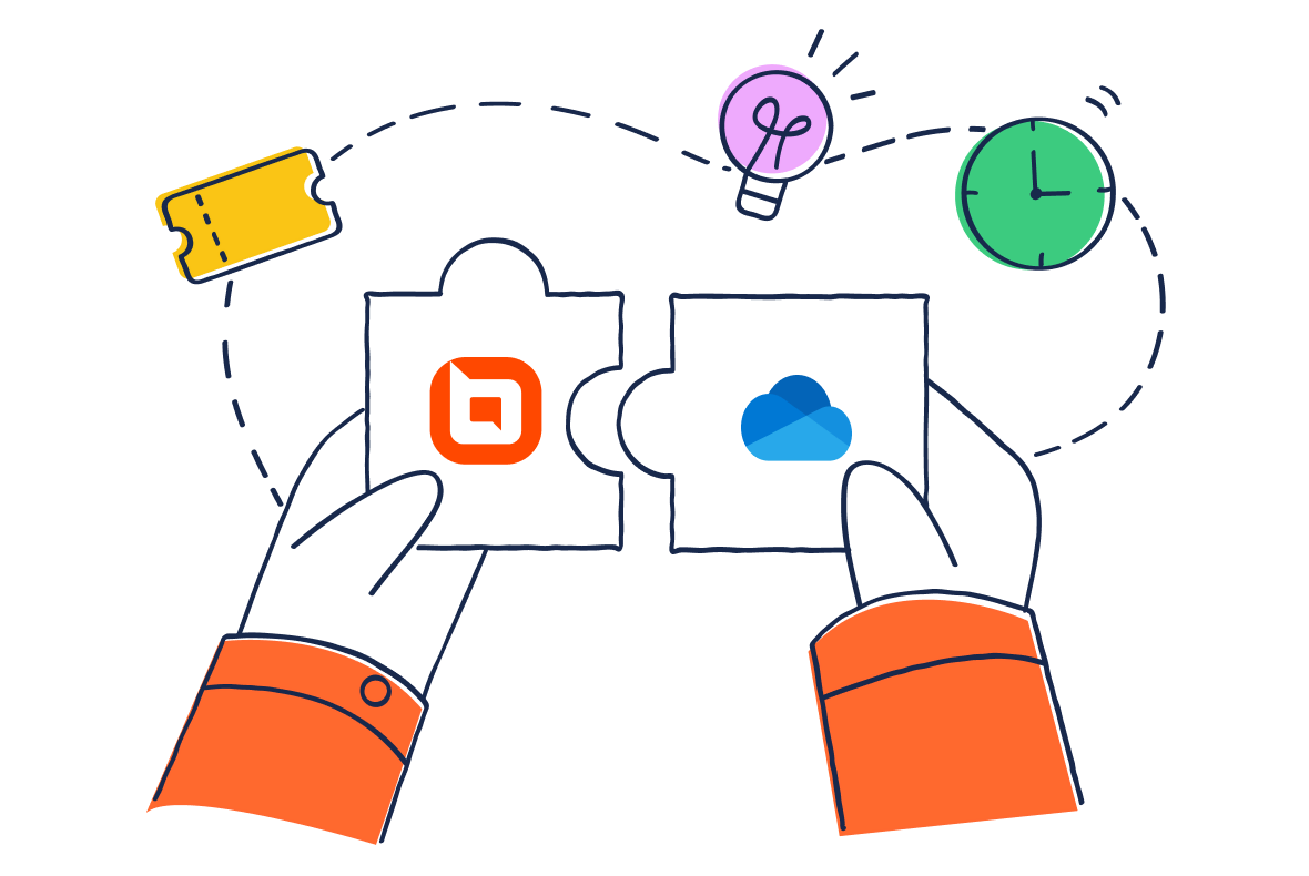 Illustration of hands connecting BoldDesk and OneDrive puzzle pieces to represent smooth integration between the platforms.
