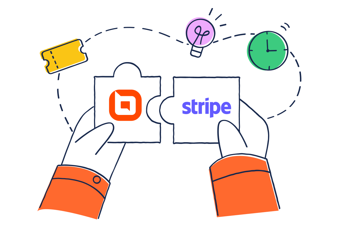 Two hands joining Bolddesk and Stripe puzzle pieces, surrounded by icons of time, ideas, and tickets